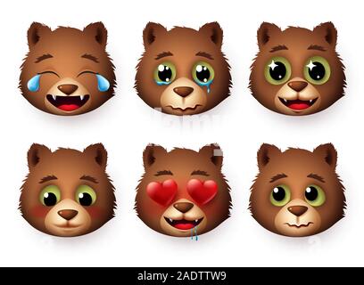 Emojis of panda face vector set. Pandas bear head emoticon animal in different expressions with in love, crying, shy, scared and laughing isolated. Stock Vector