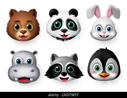 Pandas emoticon face vector set. Emoji of panda bear head animal in angry, scared, crying, and surprise facial expressions isolated. Stock Vector