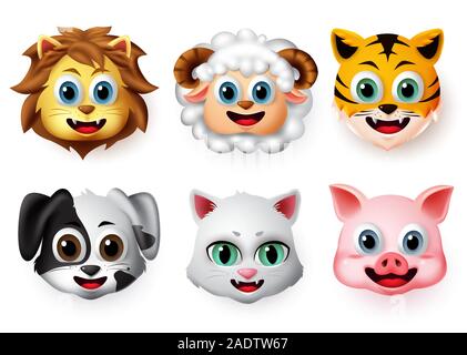 Emojis and emoticons animal happy face vector set. Animal emoji face of lion, lamb, tiger, dog, cat and pig character creature in smiling expressions. Stock Vector