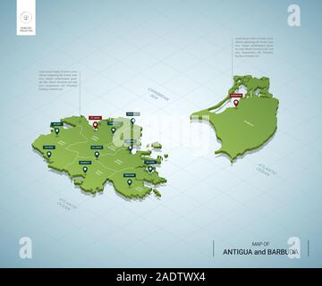 Stylized map of Antigua and Barbuda. Isometric 3D green map with cities, borders, capital, regions. Vector illustration. Editable layers clearly label Stock Vector