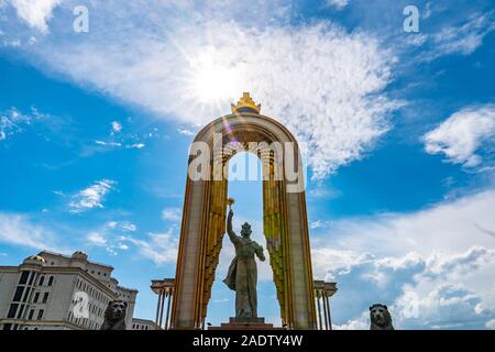 Dushanbe Ismoil Somoni Holding with his Right Hand a Scepter Statue Picturesque View on a Sunny Blue Sky Day