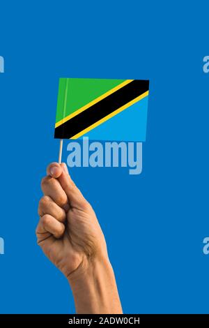 Tanzania flag waving in the deep blue sky background. Isolated national ...