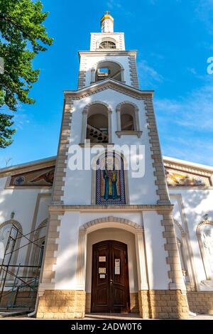 Dushanbe Russian Orthodox Christian Saint Nicholas Cathedral Picturesque View of Bell Tower on a Sunny Blue Sky Day Stock Photo