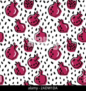 Garnet seamless pattern. Hand drawn fresh pomegranate. Vector sketch background. Color doodle wallpaper. Exotic tropical fruit. Fashion design. Food Stock Vector