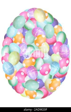 lots of pastel dyed easter eggs collage, egg shaped isolated on white Stock Photo