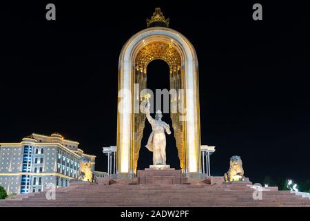 Dushanbe Ismoil Somoni Holding with his Right Hand a Scepter Statue Picturesque View at Dark Night Time