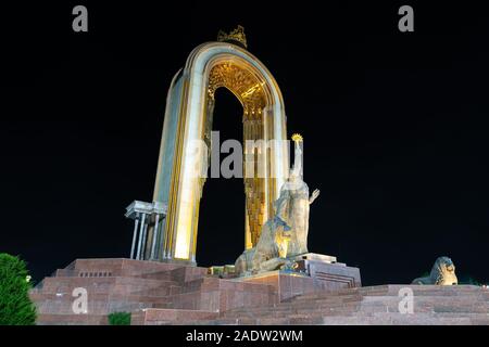 Dushanbe Ismoil Somoni Holding with his Right Hand a Scepter Statue Picturesque View at Dark Night Time