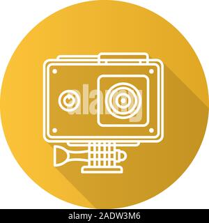 Action camera in protection case. Flat linear long shadow icon. Vector line symbol Stock Vector