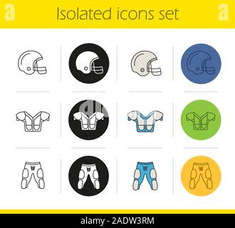 American football player's uniform icons set. Linear, black and color styles. Helmet, shoulder pad, shorts. Isolated vector illustrations Stock Vector