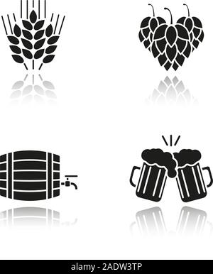 Beer drop shadow black icons set. Wheat ears, hop cones, alcohol wooden barrel, toasting beer glasses. Isolated vector illustrations Stock Vector