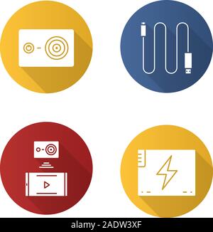Action camera flat design long shadow icons set. Mini USB cable, battery, action camera to smartphone wireless connection. Vector silhouette illustrat Stock Vector