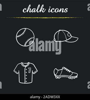 Baseball chalk icons set. Softball equipment. Ball, cap, shoe and t-shirt. Isolated vector chalkboard illustrations Stock Vector