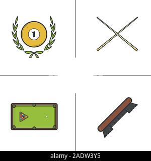 Billiard championship color icons set. Cuesports equipment. Billiard brush, table with balls rack, crossed cues and eight ball in laurel wreath. Isola Stock Vector