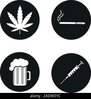 Bad habits icons set. Marijuana leaf, cigarette with smoke, syringe, foamy beer glass. Drugs, smoking and alcohol addictions. Vector white silhouettes Stock Vector