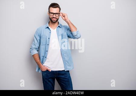 Photo of attractive macho guy perfect appearance neat hairstyle bristle young promoted boss chief easy-going person wear casual denim outfit isolated Stock Photo