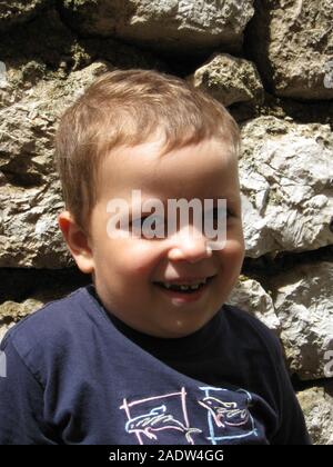 A boy portrait. Sillly face expression, wide eyes, funny lips. Stock Photo