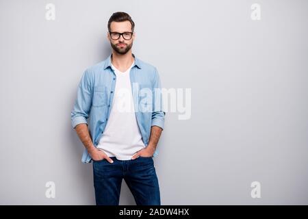 Photo of amazing macho guy perfect appearance neat hairstyle bristle young  promoted boss chief easy-going person wear casual denim outfit isolated  Stock Photo - Alamy