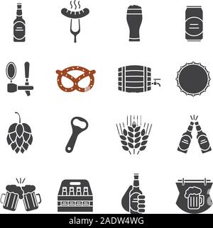 Beer glyph icons set. Bar and pub silhouette symbols. Foamy beer glass, bottle, can, mug, keg, crate, tap, cap, bottle opener, sausage on fork, brezel Stock Vector