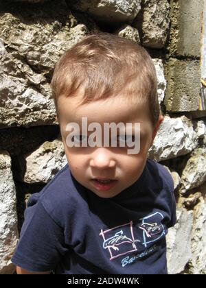 A boy portrait. Sillly face expression, wide eyes, funny lips. Stock Photo