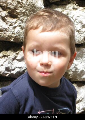 A boy portrait. Sillly face expression, wide eyes, funny lips. Stock Photo