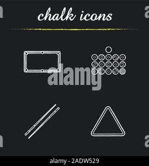 Billiard equipment chalk icons set. Billiard balls, table, cues and ball rack. Isolated vector chalkboard illustrations Stock Vector
