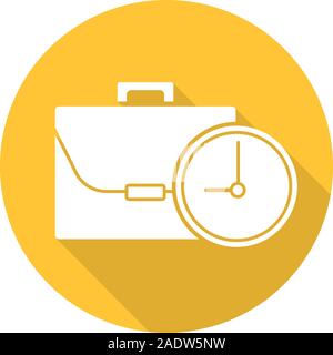 Work time flat design long shadow icon. Business briefcase with clock. Vector silhouette symbol Stock Vector