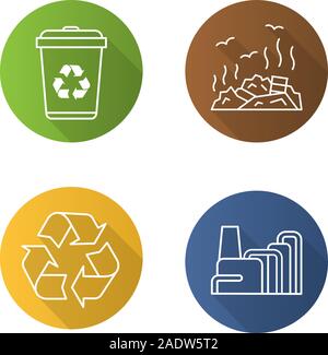 Waste management flat linear long shadow icons set. Recycle bin symbol, rubbish dump, factory pollution. Environment protection. Vector line illustrat Stock Vector