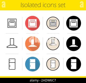 Kitchen interior icons set. Flat design, linear, black and color styles. Extractor hood, fridge, stove. Isolated vector illustrations Stock Vector