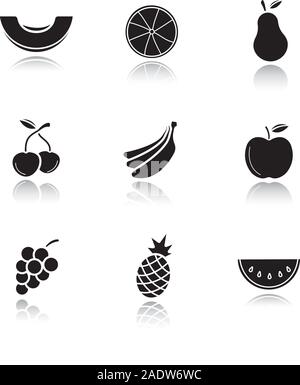 Fruit drop shadow black icons set. Melon slice, orange, pear, two cherries, bananas bundle, bunch of grapes, apple, pineapple, watermelon. Isolated ve Stock Vector