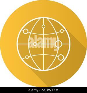 Globe model with route points. Flat linear long shadow icon. Flight destinations. Worldwide travel locations. Vector line symbol Stock Vector