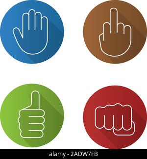 Hand gestures flat linear long shadow icons set. Middle finger up, palm, punch, thumbs up. Vector line illustration Stock Vector