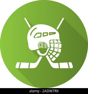 Hockey game equipment. Flat design long shadow icon. Hockey sticks and helmet. Vector silhouette symbol Stock Vector
