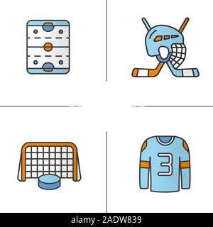 Hockey color icons set. Sticks and helmet, rink, shirt, puck in gates. Isolated vector illustrations Stock Vector