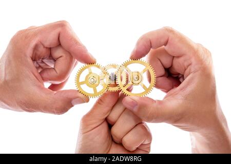 group of hands are holding cogwheels, working together, concept teamwork and engineering Stock Photo