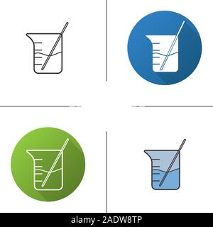 Beaker with rod and liquid icon. Flat design, linear and color styles. Chemistry experiment. Isolated vector illustrations Stock Vector