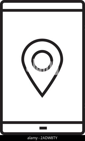 Smartphone gps location linear icon. Thin line illustration. Navigator. Smart phone with geolocation mark contour symbol. Map application. Vector isol Stock Vector