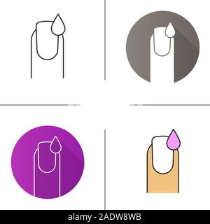 Nail polishing icon. Flat design, linear and color styles. Manicure. Woman's nail with polish drop. Isolated vector illustrations Stock Vector
