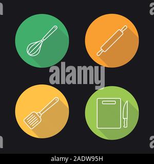 Kitchen tools flat linear long shadow icons set. Cooking instruments. Whisk, rolling pin, spatula and cutting board with knife. Vector line illustrati Stock Vector
