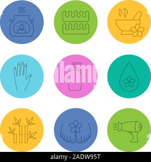 Spa salon linear icons set. Aroma candle, toe separators, mortar and pestle with flower, soap, oil drop, bamboo with leaves, hairdryer. Thin line cont Stock Vector