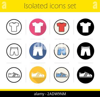 Sport clothes store icons set. Flat design, linear, black and color styles. T-shirt, shorts, sneaker. Isolated vector illustrations Stock Vector