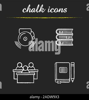 School and education chalk icons set. Students, class journal with pencil, ringing school bell, books stack. Isolated vector chalkboard illustrations Stock Vector
