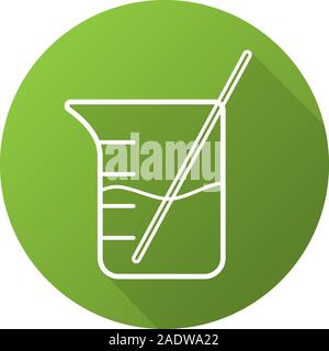 Beaker with rod and liquid. Flat linear long shadow icon. Chemistry experiment. Vector line symbol Stock Vector
