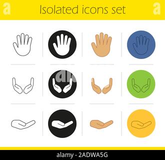 Hand gestures icons set. Linear, black and color styles. Begging and cupped hands, palm. Isolated vector illustrations Stock Vector