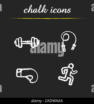 Sport chalk icons set. Gym dumbbell, skipping rope, boxing glove, running man. Isolated vector chalkboard illustrations Stock Vector