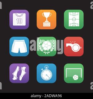 Soccer flat design icons set. Football player's shirt, shoes and shorts, field, whistle, stopwatch, gate, ball in laurel wreath, winner's gold cup. We Stock Vector