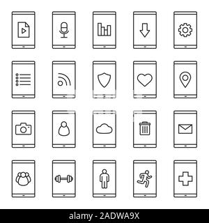 Smartphone apps linear icons set. Smartphone users, settings, gps, sms, cloud computing, media file, trash, medical and sport applications. Thin line Stock Vector