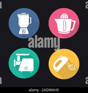 Kitchen appliances flat design long shadow icons set. Blender, juicer, meat grinder and hand mixer. Vector silhouette illustration Stock Vector