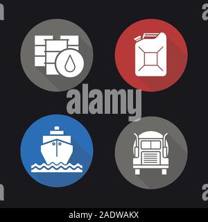 Oil transportation flat design long shadow icons set. Petrol barrels and gasoline jerrycan, cargo ship and transportation tank truck. Vector silhouett Stock Vector