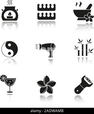 Spa salon drop shadow black icons set. Aroma therapy candle, fingers and toes separators, mortar and pestle, yin yang sign, hairdryer, bamboo sticks, Stock Vector