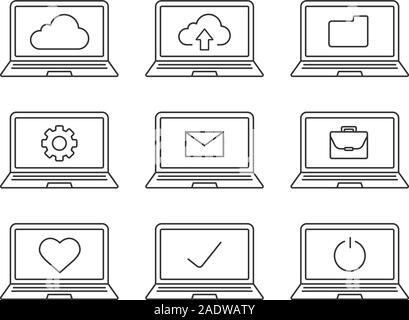 Laptops linear icons set. Laptops with folder, settings, cloud computing, email, tick, heart, briefcase, turn off button. Thin line contour symbols. I Stock Vector